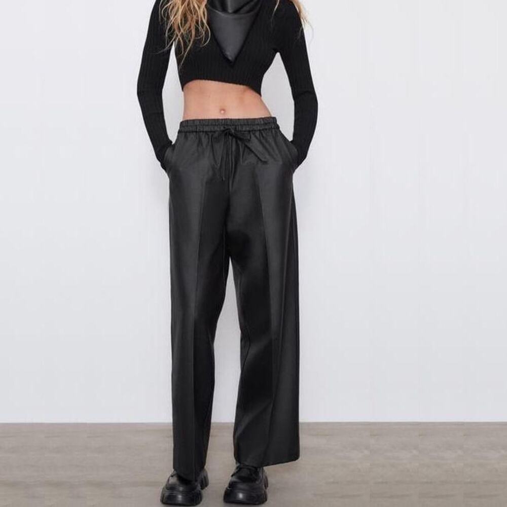Zara Blogger Favorite Black Faux Leather Straight Leg Pants Large